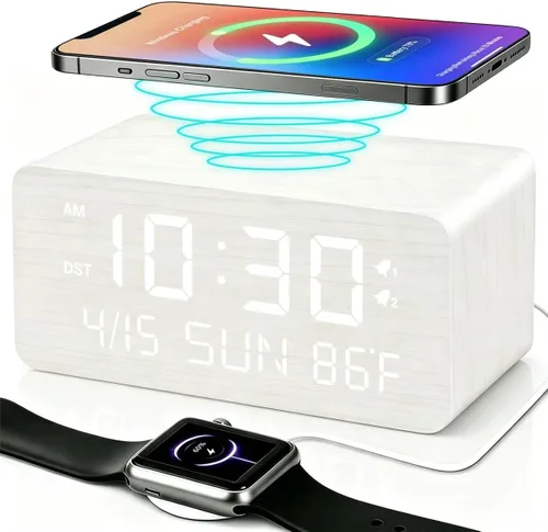Vista 13 de Reloj despertador digital de madera de bambú premium con cargador de teléfono inalámbrico, puertos de carga USB duales, pantalla LED regulable