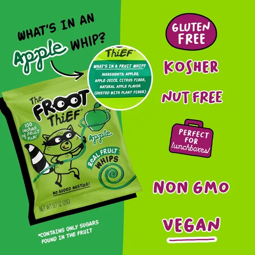 Vista 3 de THE FROOT Thief Golosinas de fruta real, sin frutos secos, perfectas para almuerzos escolares, bolsas individuales para niños, manzana, paquete de 5