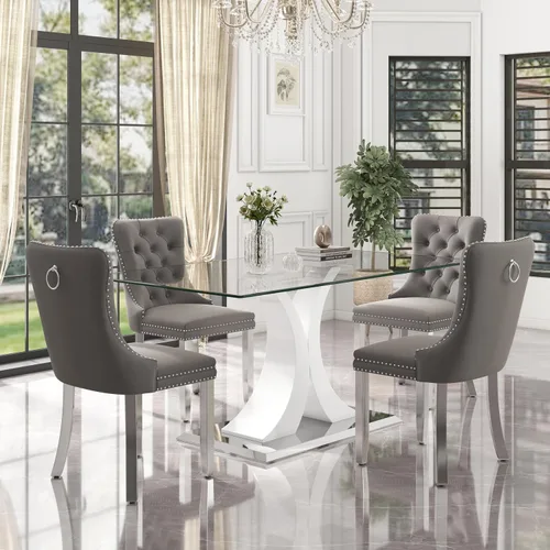 Vista 58 de Juego de comedor moderno de vidrio de lujo de 5 piezas, juego de cena rectangular minimalista grande para 4, juego de mesa de cocina de vidrio