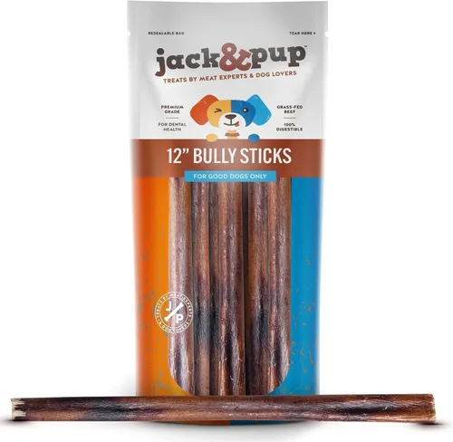 Vista 10 de Jack&Pup Bully Sticks de 12 pulgadas para perros (paquete de 10) masticables extra gruesos para perros de larga duración, sin olor, de un solo