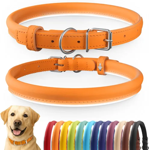 Vista 64 de CollarDirect - Collar de cuero enrollado para perro, collar redondo acolchado suave para cachorro, collar de cuero auténtico hecho a mano