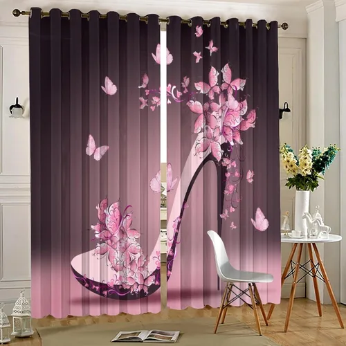 Vista 5 de Cortinas de tacón alto con estampado de mariposas y estampado de mariposas, aislamiento térmico, reducción de ruido para sala de estar, con ojales