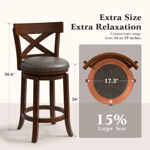 Vista 2 de ALPHA HOME Taburetes de bar giratorios con respaldo, 26 pulgadas, juego de 2, taburetes de bar de madera, sillas de bar de 360 grados con patas