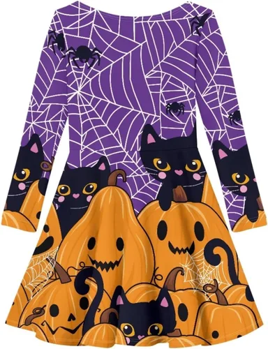 Vista 2 de Vestido para niñas pequeñas, vestido de Halloween para fiesta, cosplay, disfraces de manga larga, línea A, vestido de patinadora para otoño
