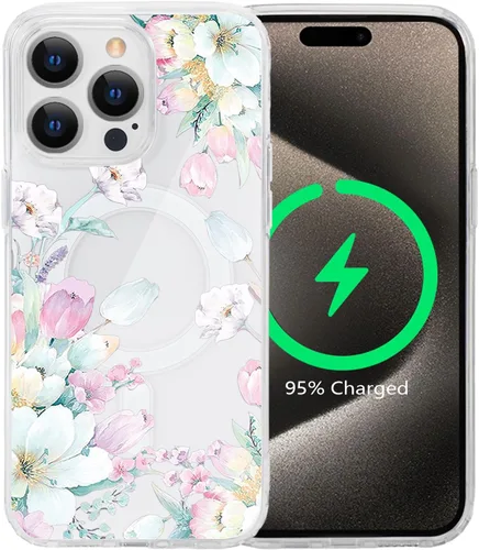 Vista 47 de Funda magnética de flores para iPhone 15 [compatible con MagSafe] Bonito patrón floral transparente a prueba de golpes