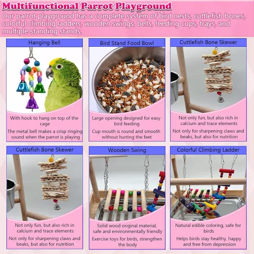 Vista 3 de kathson Parque infantil para pájaros, soporte de juego de loro, gimnasio de juego de periquitos con caja de cría y tazas de comida, soporte de perca