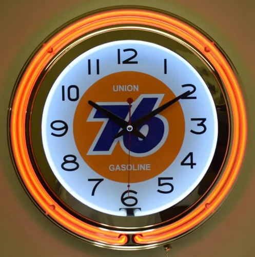 Vista 2 de Union 76 Gasolina Naranja Doble Neon Publicidad Reloj Hombre Cueva Garaje Decoración