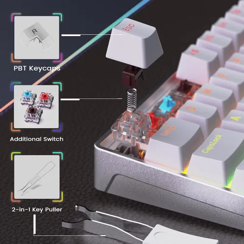 Vista 4 de RK ROYAL KLUDGE RK68Pro Teclado mecánico con cable 60% de aluminio, teclado compacto para juegos con software de 68 teclas retroiluminación RGB