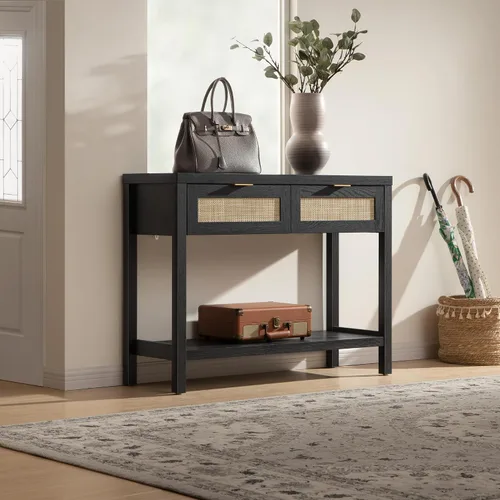 Vista 7 de SICOTAS Mesa consola negra con cajones de ratán - Mesa de entrada de ratán boho con almacenamiento, mesas consola pequeñas para entrada, mesa