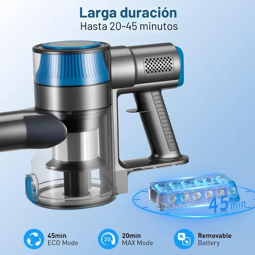 Vista 2 de Aspiradora inalámbrica de succión de 250 W, 25 KPa, aspiradora ligera 6 en 1 con pantalla LED y batería desmontable, 45 minutos de tiempo
