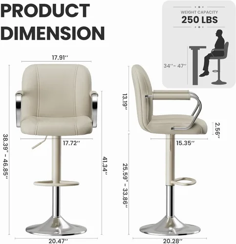 Vista 2 de MALOL Juego de 1 sillas de mostrador beige con respaldo, sillas altas giratorias ajustables para isla de cocina, asientos modernos, taburetes