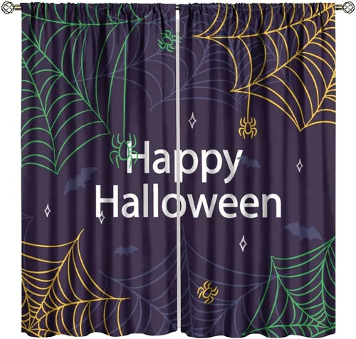 Vista 47 de Cortinas opacas de tela de araña aterradora para niños, tela de araña en blanco y negro, fondo rojo, dormitorio de niños, guardería, decoración