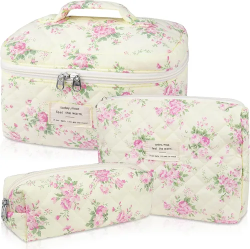 Vista 32 de Juego de bolsas de maquillaje, bolsa de maquillaje acolchada, bolsa grande para cosméticos florales para mujer, bonitas bolsas de maquillaje
