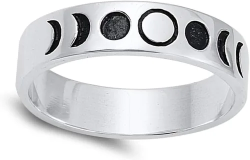 Vista 2 de Anillo de plata de ley 925 con fases de luna lunar Science Space Nature tamaños 4 10