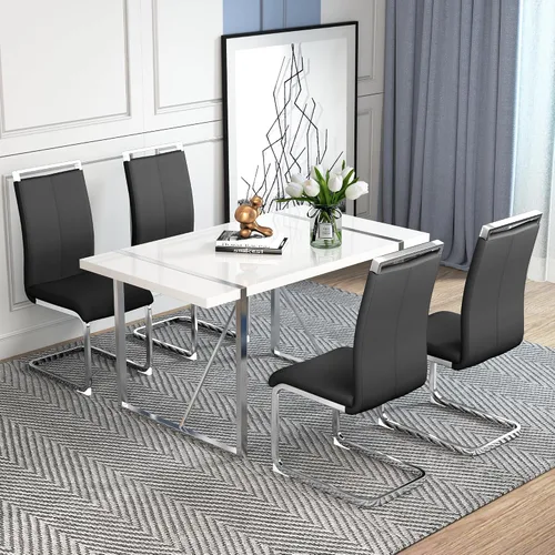Vista 2 de Juego de mesa de comedor para 4, juego de mesa de cocina moderno con 4 patas de metal tapizadas, juego de mesa de comedor blanco para 4 personas