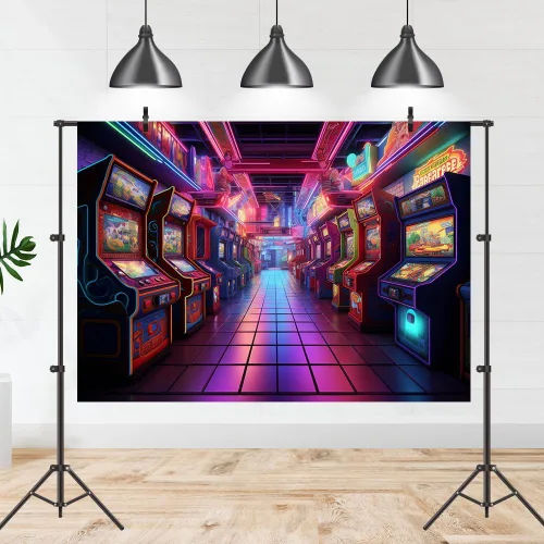 Vista 2 de Telón de fondo retro de 7 x 5 pies de los años 80 y 90 s Arcade Video Gaming Theme Decoración Fiesta de Cumpleaños Niños Sala de Juegos Fotografía