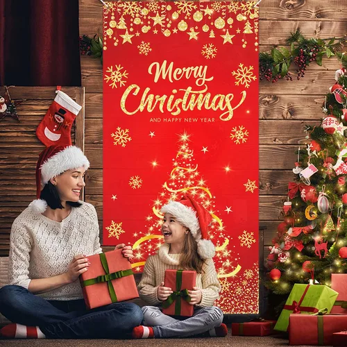 Vista 6 de Cubierta de Puerta de Navidad Árbol de Navidad Dorado Feliz Navidad Purpurina Copo de Nieve Cubierta de Puerta Pancartas Fondo de Fotografía