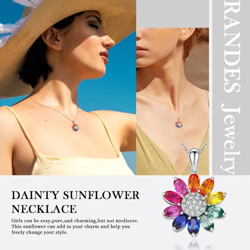 Vista 3 de RANDES Collares de girasol para mujeres, adolescentes y niñas, delicado colgante de plata de ley 925 You're My Sunshine, joyería de girasol