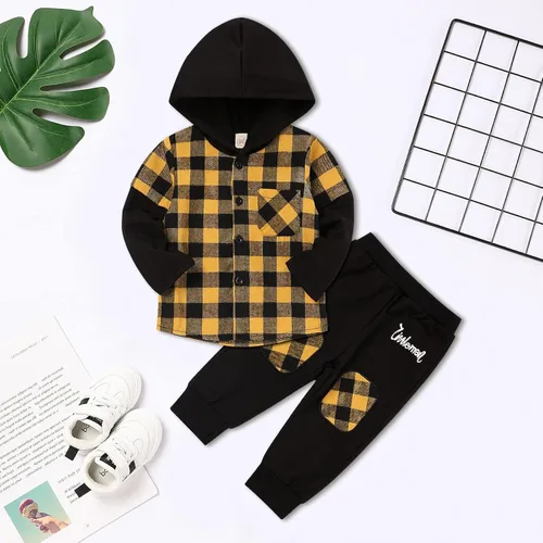 Vista 2 de Fuermos Conjunto para niño pequeño - Sudadera y pantalones a cuadros con capucha - Ropa de otoño
