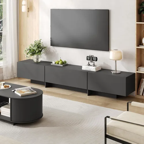 Vista 8 de Soporte de TV moderno de 76.4 pulgadas para sala de estar, consola de TV moderna de mediados de siglo, centro de entretenimiento con 3 cajones