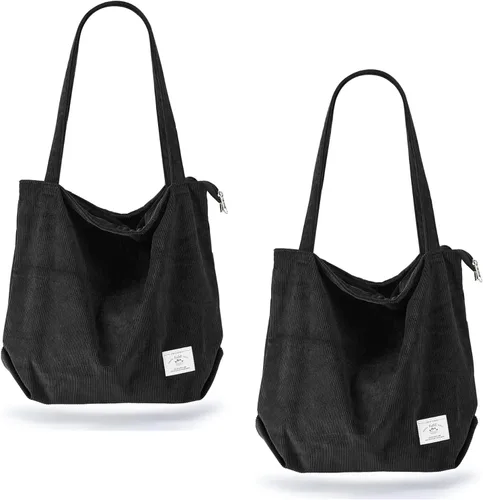 Vista 30 de KALIDI Bolsa Tote de Pana para Mujer con Cremallera Bolsa de Mano Casual Tote Bolsa de Hombro de Gran Capacidad con Bolsillos 1 negro y 1 blanco.