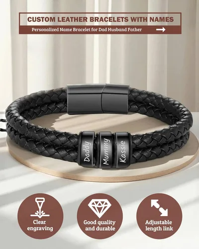 Vista 6 de Pulsera personalizada con nombre con 1-6 nombres, pulseras personalizadas de cuero trenzado grabado para hombres, regalos para Navidad, día de San