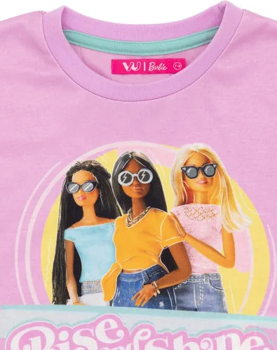 Vista 7 de Barbie Pijama corto para niñas, diseño de muñeca rosa con estampado de levantamiento y brillo, pantalones cortos elásticos para dormir