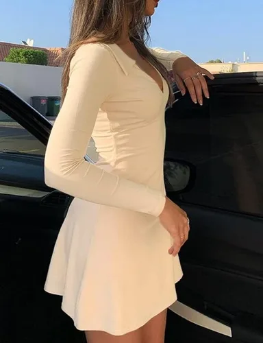 Vista 5 de NUFIWI Vestido de camisa plisado para mujer, manga larga, color sólido, fruncido, cintura alta, cuello en V, botones, vestido elegante