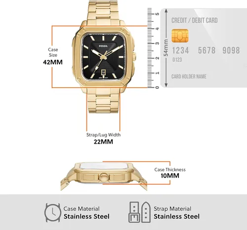 Vista 5 de Fossil Reloj cuadrado de acero inoxidable con inscripción de cuarzo para hombre
