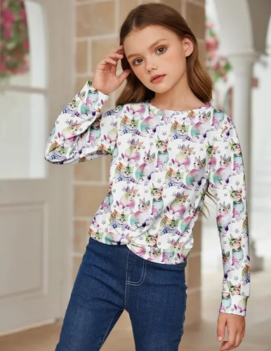 Vista 4 de Arshiner Sudadera ligera casual con nudo frontal para niñas, con estampado de teñido anudado, manga larga