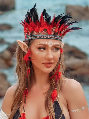 Vista 7 de Aukmla Diadema de plumas indias, disfraz de plumas rave, tocado para Halloween y cosplay para mujer