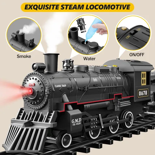 Vista 3 de Juego de tren para niños, tren de locomotora de vapor con coche de carbón, vagón de pasajeros, coche de carga y pistas largas, kits de tren