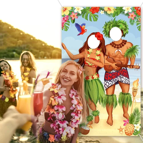 Vista 3 de Frienda Luau - Cartel de fotos para puerta de pareja, decoración de fiesta hawaiana de Tiki Luau, accesorios de fotos de Aloha Tiki para reunirse