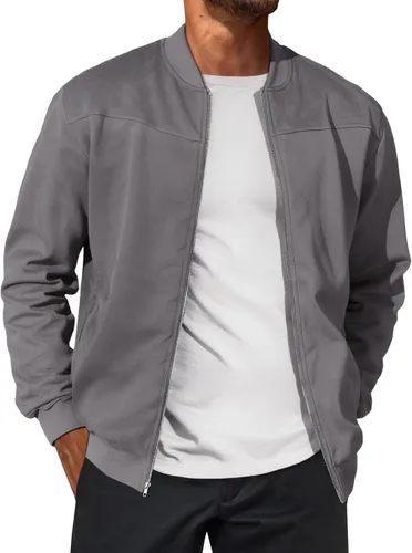 Vista 7 de Runcati Chaqueta bomber de gamuza para hombre, con cremallera completa, casual, softshell, chaqueta universitaria, ligera, vintage, abrigo de otoño