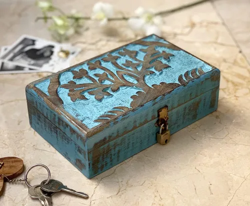 Vista 2 de Gran idea de regalo de cumpleaños, caja de joyería decorativa hecha a mano de madera para tallar el árbol de la vida, cerradura y llave, organizador