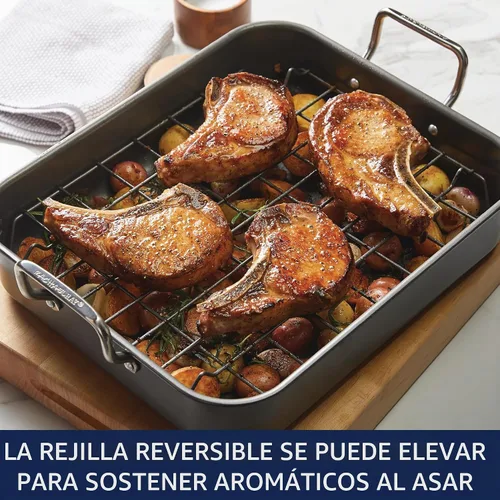 Vista 3 de Rachael Ray Bakeware Asador/Bandeja para Asar Antiadherente con Rejilla Reversible, 16.5 Pulgadas x 13.5 Pulgadas, Gris