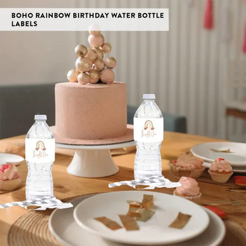 Vista 3 de Andaz Press Etiquetas impermeables para botellas de agua de primer cumpleaños con diseño de arco iris bohemio, envolturas brillantes para botellas