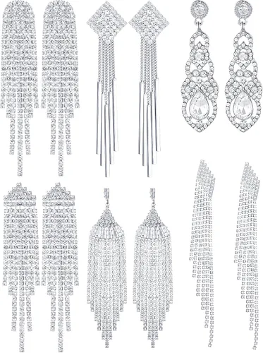 Vista 8 de 6 pares de aretes de diamantes de imitación, aretes de araña para mujer, aretes largos de borla para novia, niñas, joyería para boda, cena, fiesta
