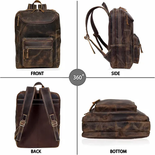 Vista 3 de Mochila de cuero vintage para hombre, bolsa para laptop de 16 pulgadas, gran capacidad, viajes de negocios, senderismo, mochila de hombro, mochila
