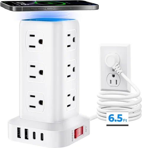 Vista 10 de Regleta de alimentación con 12 tomas, 4 USB (1 USB C), cable de extensión de 6.5 pies con múltiples tomas, estación de carga, torre de regleta