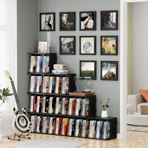 Vista 5 de Emfogo Vinyl Record Storage, Record Player Stand Wall Mount Up to 80-100 Albums, 3-Compartment Vinyl Record Holder, Black Negro