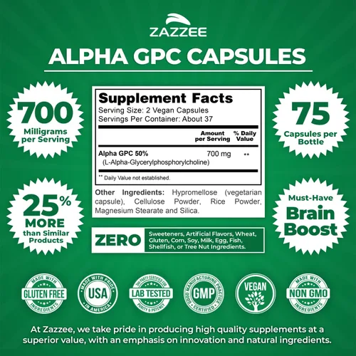 Vista 2 de Zazzee Alpha GPC Colina 300 mg por cápsula, 75 cápsulas veganas, 100% pura grado farmacéutico, 100% vegetariano, estandarizado para potencia