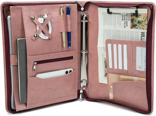 Vista 18 de Carpeta de 3 anillos de cuero vegano con portapapeles, mango oculto, 8.5 x 11 pulgadas con cremallera, organizador de negocios, folio ejecutivo Negro