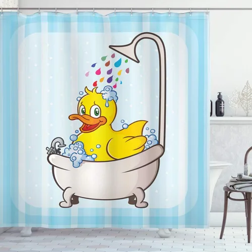 Vista 32 de Ambesonne Cortina de ducha con diseño de ciervo, silueta de animales del bosque brumoso en la naturaleza, diseño de dibujos animados, decoración