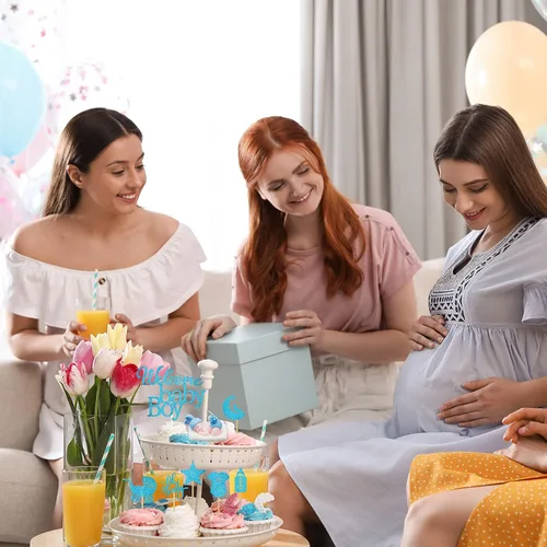 Vista 6 de Gersoniel 36 adornos para cupcakes con purpurina para baby shower en 6 estilos, 1 adorno de bienvenida para pastel de bebé, 1 vela para dormir