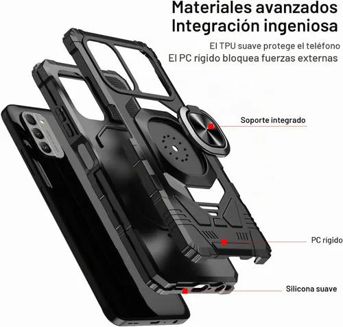 Vista 3 de Funda para Nokia G310 5G con protector de pantalla de vidrio templado, grado militar, resistente a prueba de golpes, con soporte de anillo para Negro