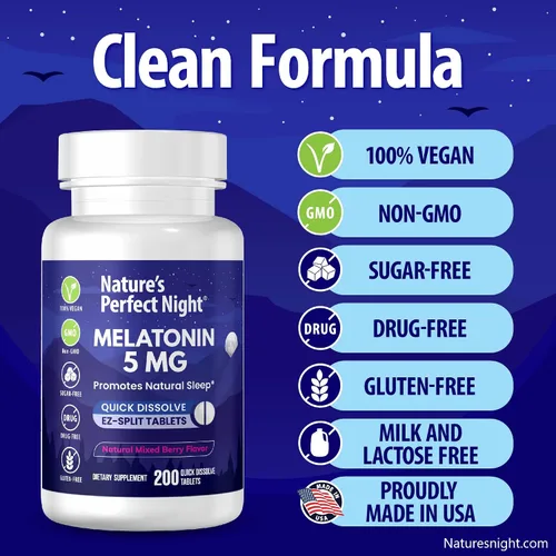 Vista 6 de Nature's Perfect Night Paquete Melatonina 5 mg Melatonina para niños de 1 mg 200 unidades 100 unidades Sin azúcar Sin gluten Sin OMG