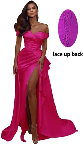 Vista 6 de Vestidos de fiesta de sirena con hombros descubiertos, vestido de baile largo de satén, vestido formal de fiesta de noche, vestidos de dama de honor