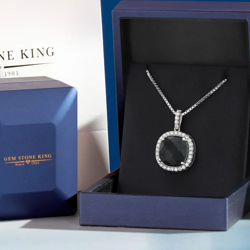 Vista 5 de Gem Stone King 925 Sterling Silver 14MM Cushion Gemstone Birthstone and White Moissanite Pendant Necklace Halo Necklace for Women With 18 Inch