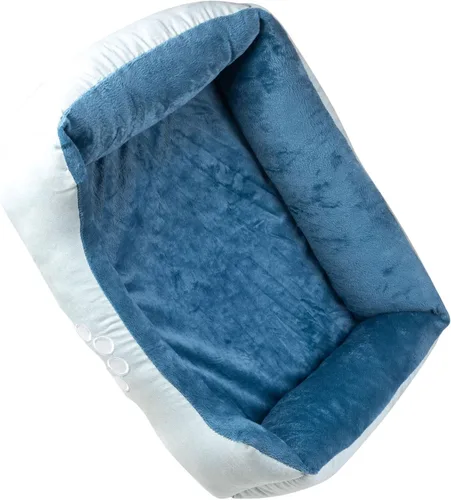 Vista 4 de Happycare Textiles - Cama para perro rectangular larga para mascotas con bordado de huella de perro, tamaño mediano, Azul con inserto ortopédico.